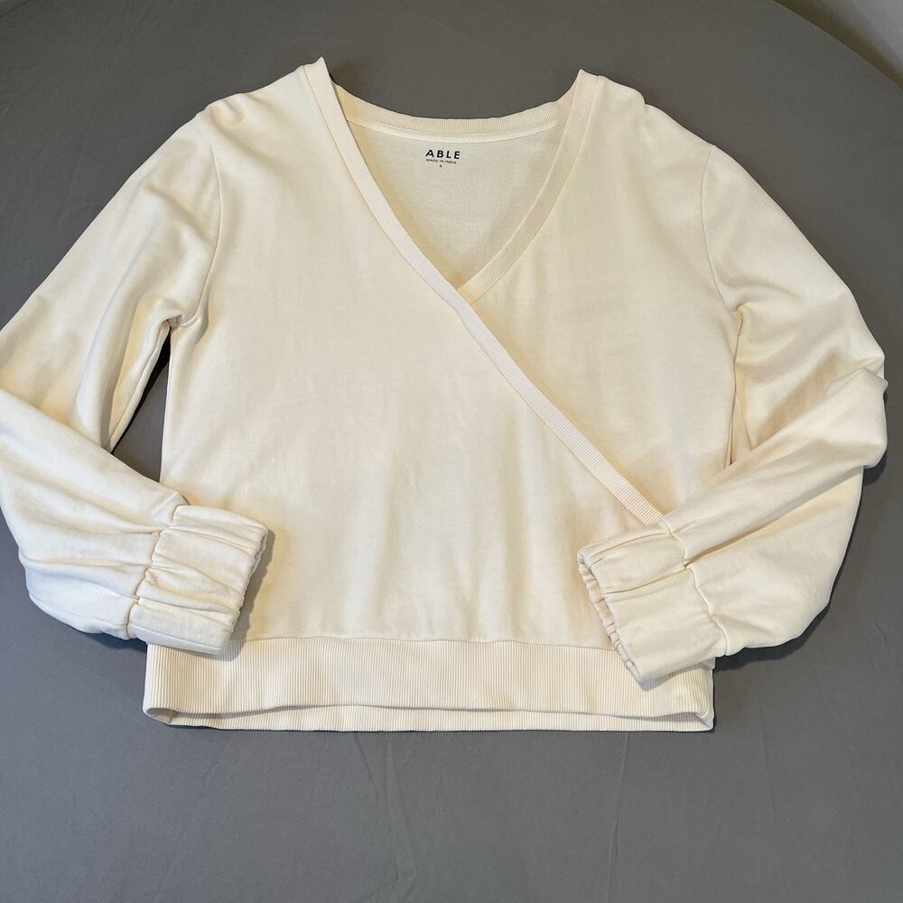 ABLE Tracy Wrap Small Sweatshirt Top in Antique White V Neck Long Sleeve - Picture 3 of 9